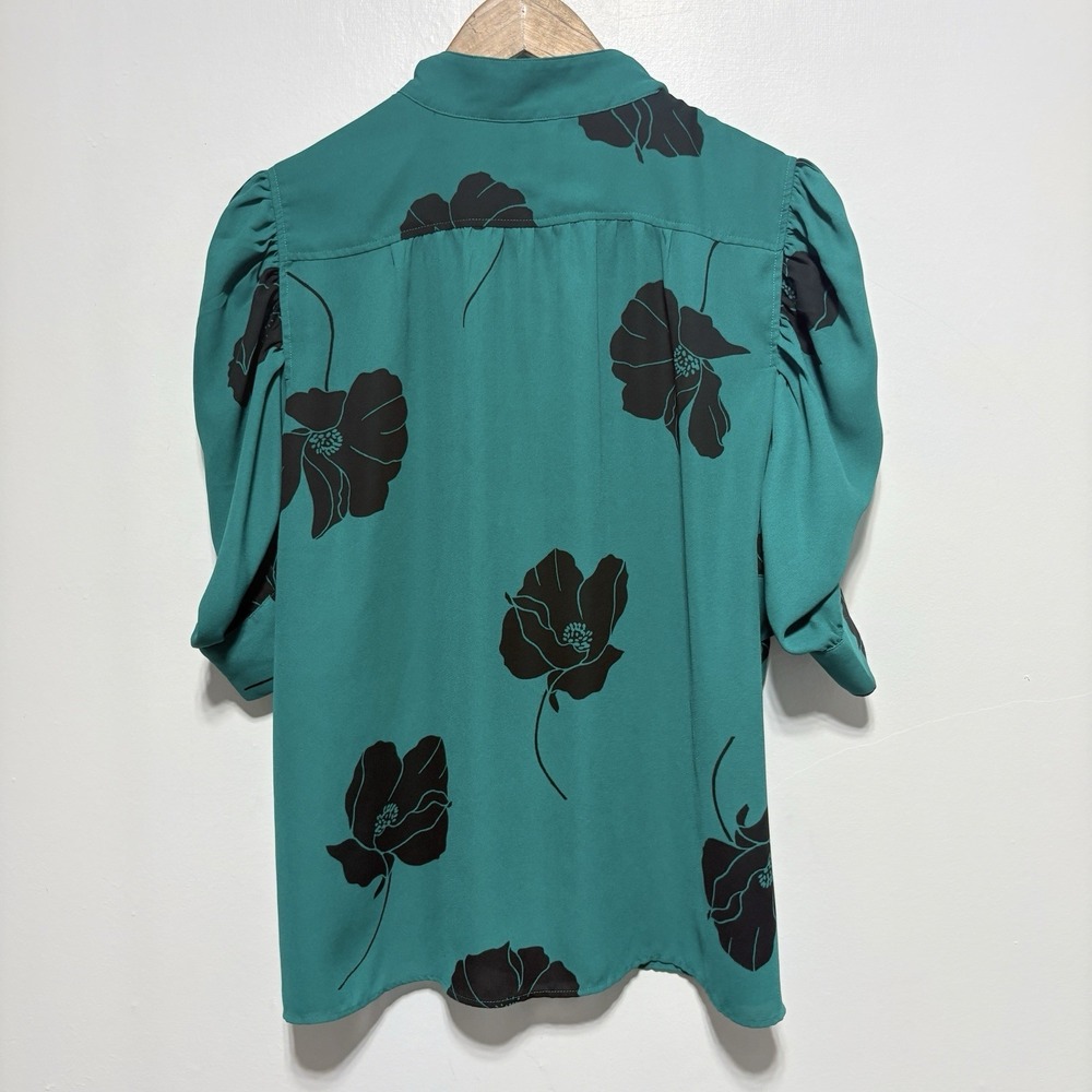 Ann Taylor Blouse Womens L Teal Black Floral Puff Sleeve Button Front Career - Picture 5 of 8